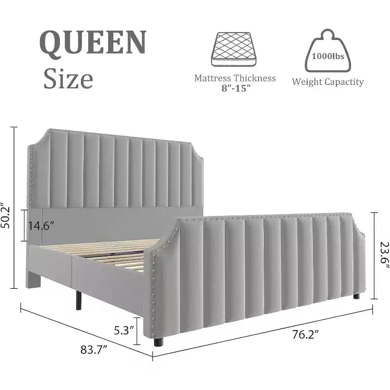 Letto a piattaforma Queen Size con testiera da 127,5 cm, letto Queen con testiera e pediera imbottite in velluto, finiture borchiate, grigio