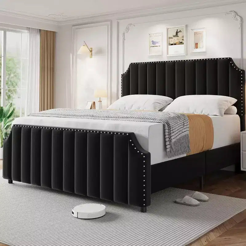 Queen Size Platform Bed Frame with 50.2 Headboard, Velvet Upholstered Bed Frame Queen with Headboard & Footboard, Nailhead Trim, Grey