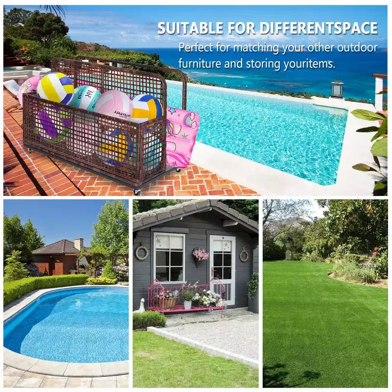 Contenitore per oggetti da piscina,Contenitore per oggetti da piscina in PE Rattan,Organizzatore da piscina per cuscini, gonfiabili, tubi galleggianti, giubbotti di salvataggio, palloni da spiaggia, mobili da giardino (Grigio)