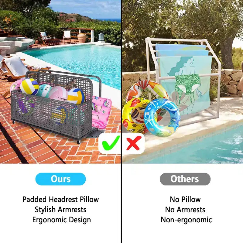 Contenitore per oggetti da piscina,Contenitore per oggetti da piscina in PE Rattan,Organizzatore da piscina per cuscini, gonfiabili, tubi galleggianti, giubbotti di salvataggio, palloni da spiaggia, mobili da giardino (Grigio)