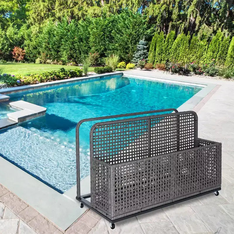Contenitore per oggetti da piscina,Contenitore per oggetti da piscina in PE Rattan,Organizzatore da piscina per cuscini, gonfiabili, tubi galleggianti, giubbotti di salvataggio, palloni da spiaggia, mobili da giardino (Grigio)