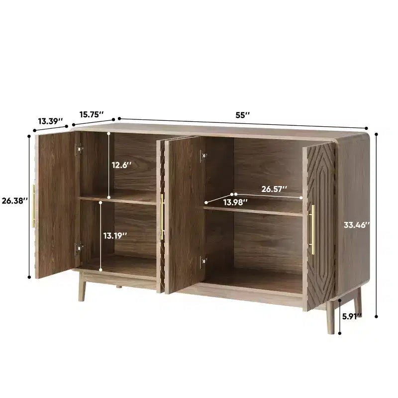 Madia-Credenza Moderna Mid-Century a 4 Ante, in Legno Ingegnerizzato con Motivo Geometrico Intagliato e Maniglie Dorate
