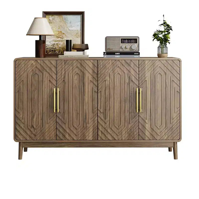Madia-Credenza Moderna Mid-Century a 4 Ante, in Legno Ingegnerizzato con Motivo Geometrico Intagliato e Maniglie Dorate