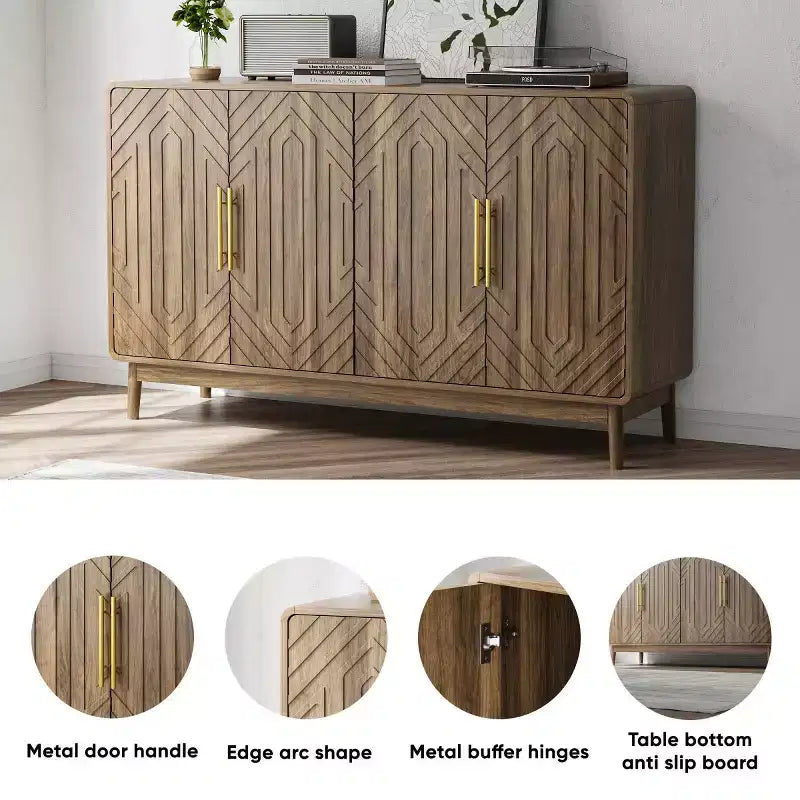 Madia-Credenza Moderna Mid-Century a 4 Ante, in Legno Ingegnerizzato con Motivo Geometrico Intagliato e Maniglie Dorate