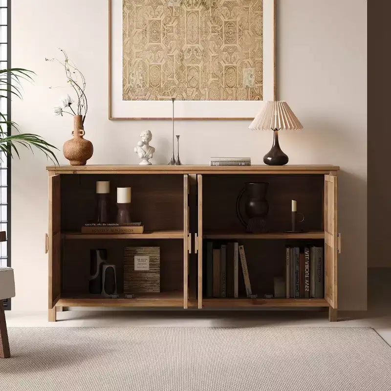 Credenza a buffet da 60" Boho marrone a 4 ante, Credenza in legno composito con motivo floreale Mandala bianco