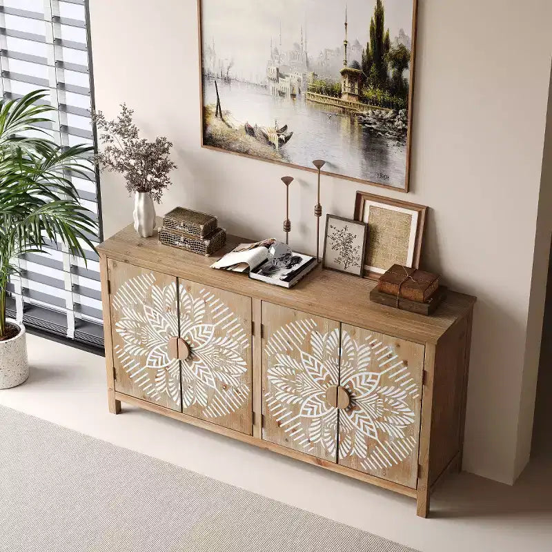 Credenza a buffet da 60" Boho marrone a 4 ante, Credenza in legno composito con motivo floreale Mandala bianco