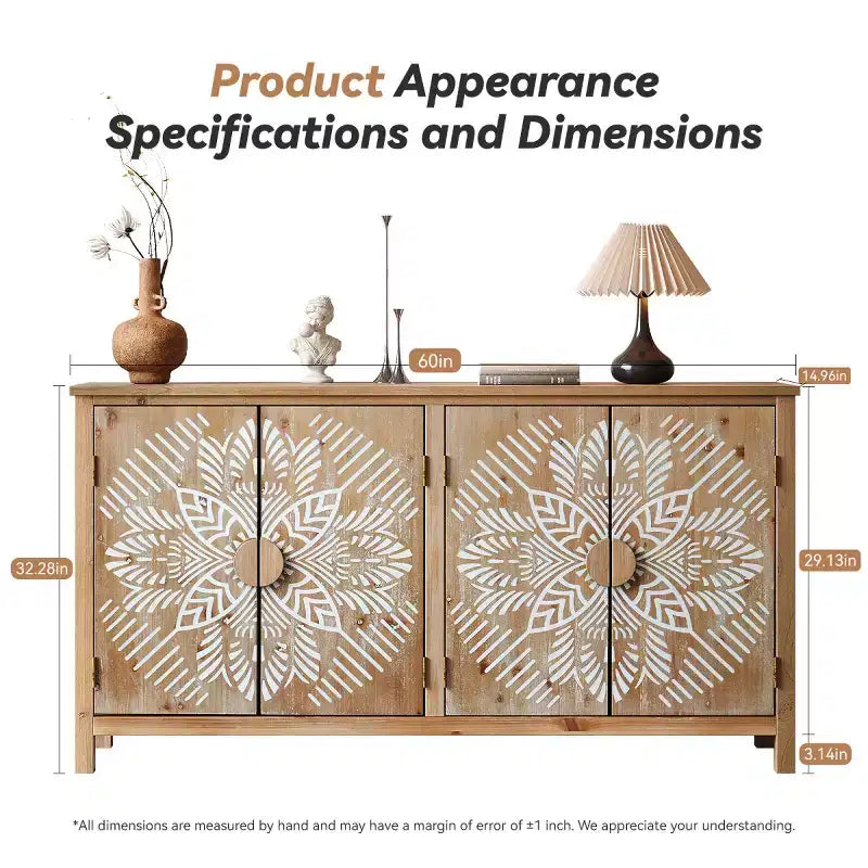 Credenza a buffet da 60" Boho marrone a 4 ante, Credenza in legno composito con motivo floreale Mandala bianco