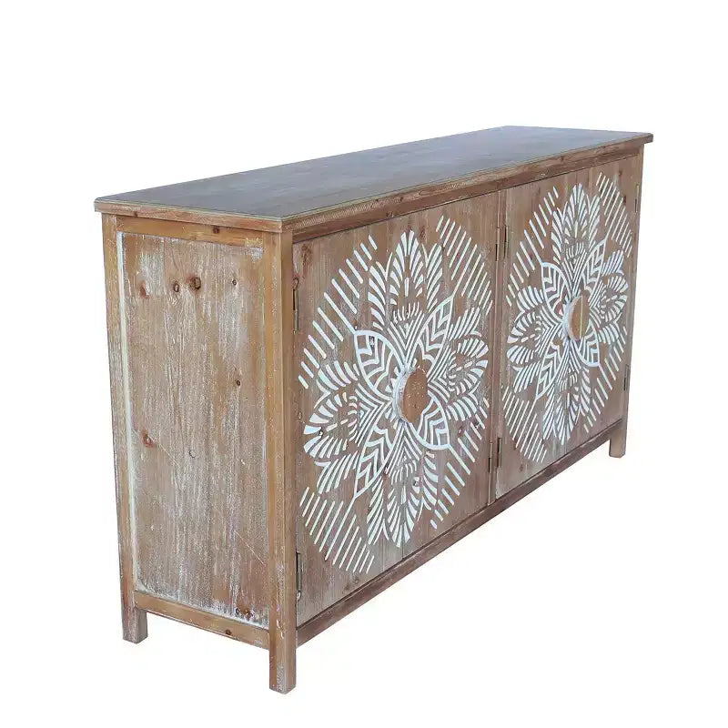 Credenza a buffet da 60" Boho marrone a 4 ante, Credenza in legno composito con motivo floreale Mandala bianco