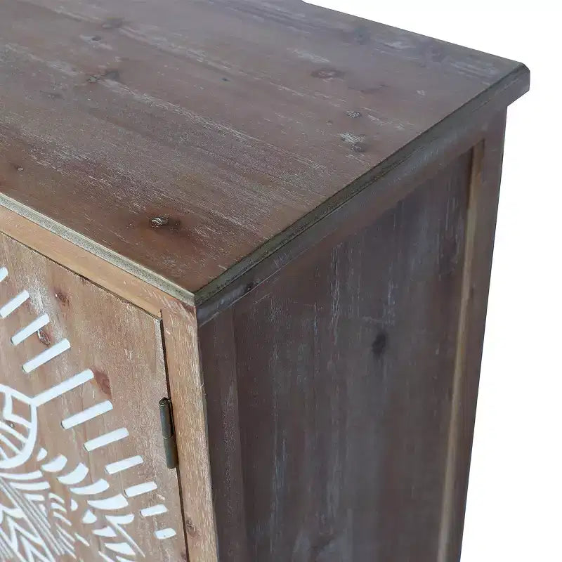 Credenza a buffet da 60" Boho marrone a 4 ante, Credenza in legno composito con motivo floreale Mandala bianco