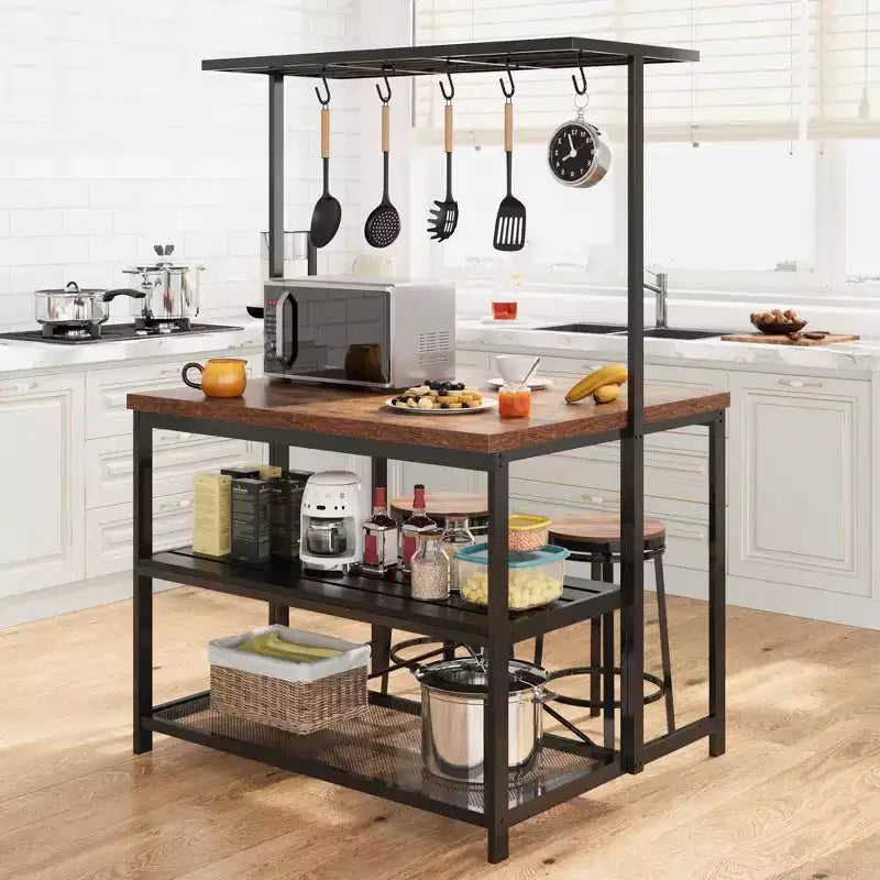 Credenza da Forno Baker da 47 pollici con Presa Elettrica, Isola da Cucina con Finitura in Legno e Ripiani, Porta Microonde per Cucina, Sala da Pranzo e Soggiorno