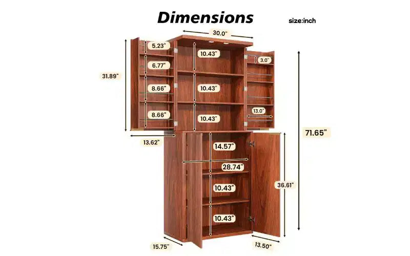 Dispensa alta scanalata, mobile dispensa in legno a 6 ripiani con dispositivo anti-caduta, armadio versatile