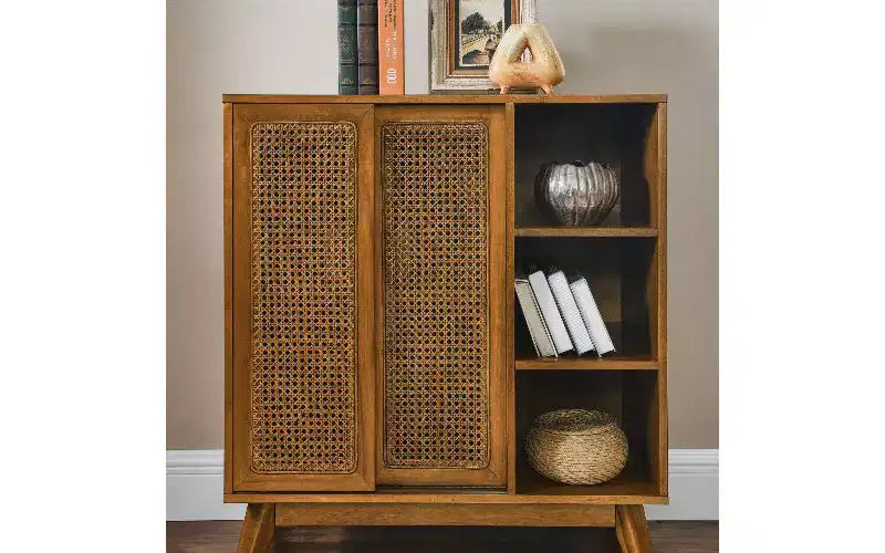 Madia moderna in rattan stile vintage, mobile contenitore in MDF con 3 ripiani aperti e 2 ripiani regolabili per l'ingresso