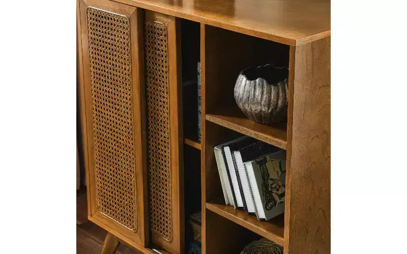 Madia moderna in rattan stile vintage, mobile contenitore in MDF con 3 ripiani aperti e 2 ripiani regolabili per l'ingresso
