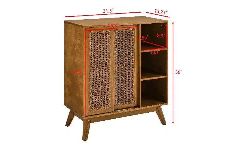 Madia moderna in rattan stile vintage, mobile contenitore in MDF con 3 ripiani aperti e 2 ripiani regolabili per l'ingresso