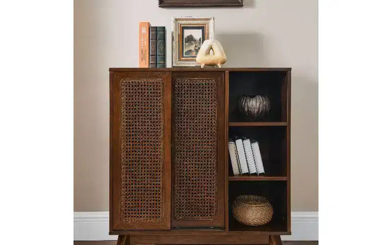 Madia moderna in rattan stile vintage, mobile contenitore in MDF con 3 ripiani aperti e 2 ripiani regolabili per l'ingresso