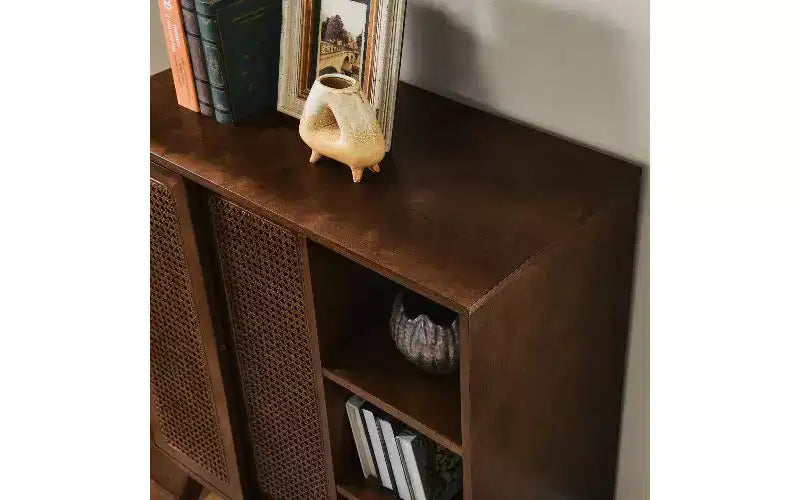 Madia moderna in rattan stile vintage, mobile contenitore in MDF con 3 ripiani aperti e 2 ripiani regolabili per l'ingresso
