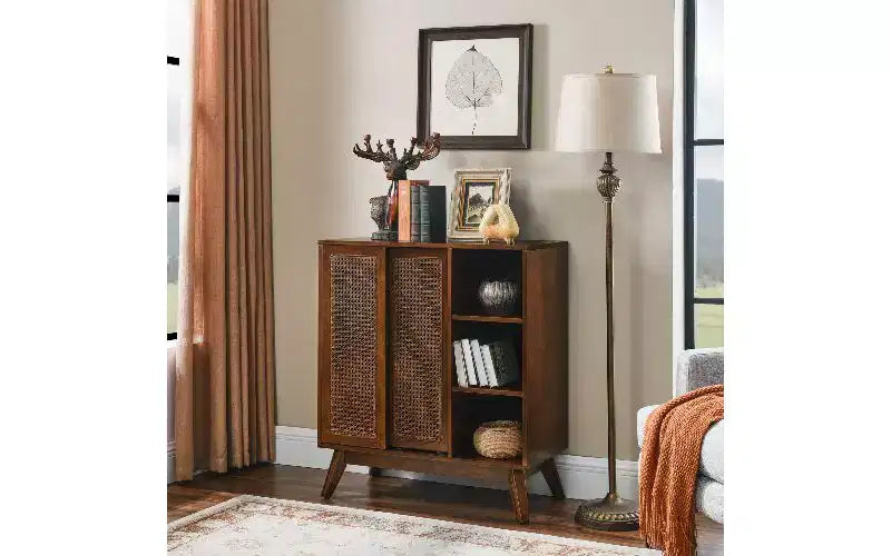 Madia moderna in rattan stile vintage, mobile contenitore in MDF con 3 ripiani aperti e 2 ripiani regolabili per l'ingresso