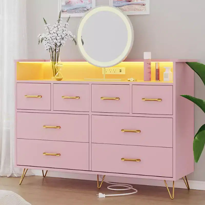 Comò con Presa di Corrente, Comò in Legno a 8 Cassetti per Camera da Letto, Cassettiera Moderna con Maniglie Dorate e Spazio di Archiviazione Aperto per Armadio, Ingresso