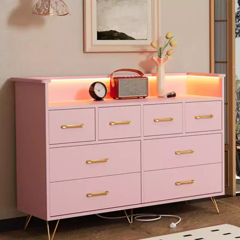 Comò con Presa di Corrente, Comò in Legno a 8 Cassetti per Camera da Letto, Cassettiera Moderna con Maniglie Dorate e Spazio di Archiviazione Aperto per Armadio, Ingresso