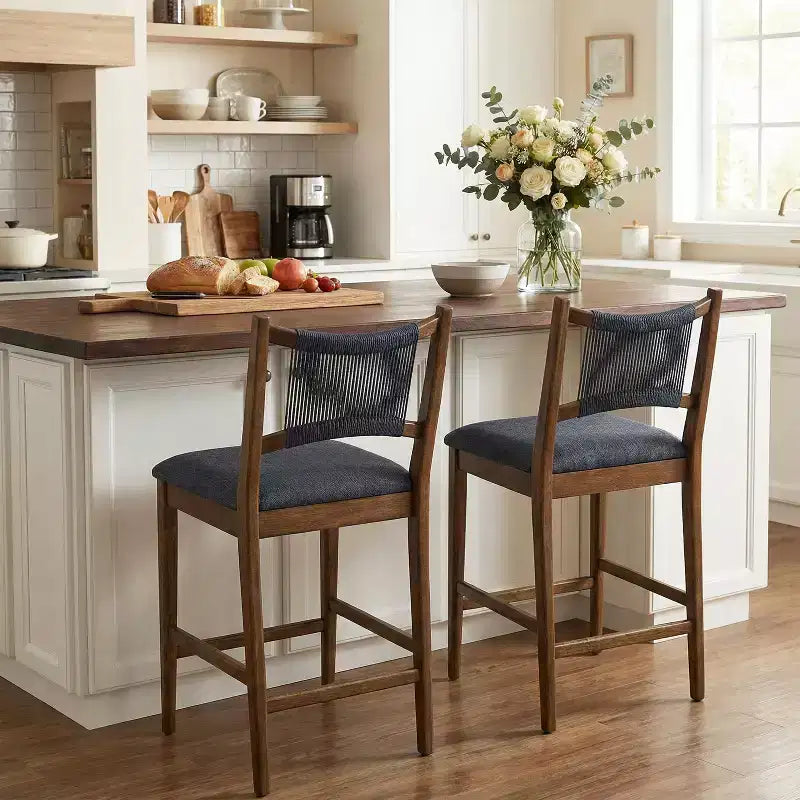 Set di 2 moderni sgabelli da bancone in legno di Hevea rivestiti con schienale in corda intrecciata
