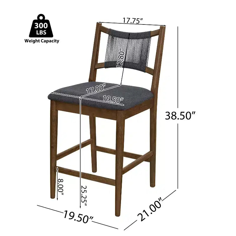 Set di 2 moderni sgabelli da bancone in legno di Hevea rivestiti con schienale in corda intrecciata