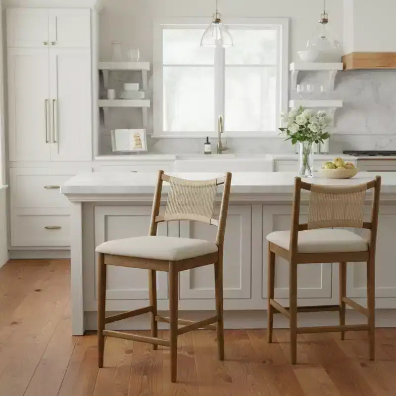 Set di 2 moderni sgabelli da bancone in legno di Hevea rivestiti con schienale in corda intrecciata
