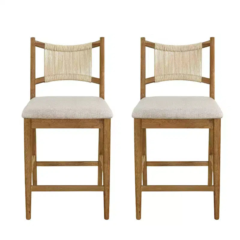 Set di 2 moderni sgabelli da bancone in legno di Hevea rivestiti con schienale in corda intrecciata