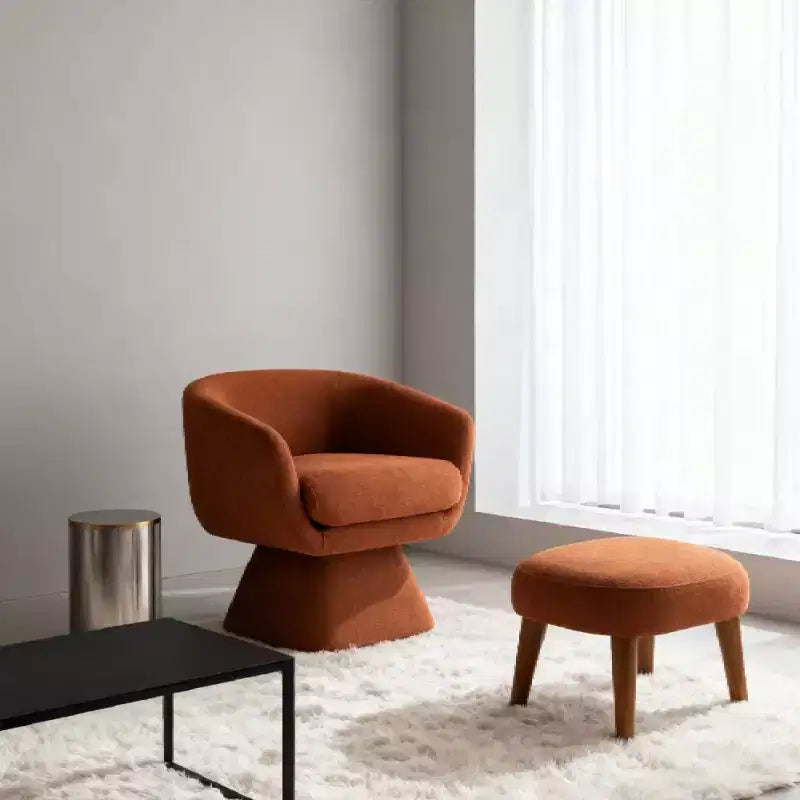 Sedia girevole in tessuto e pouf coordinato per soggiorno, camera da letto o angolo lettura
