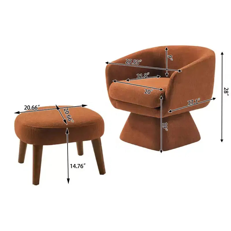 Sedia girevole in tessuto e pouf coordinato per soggiorno, camera da letto o angolo lettura