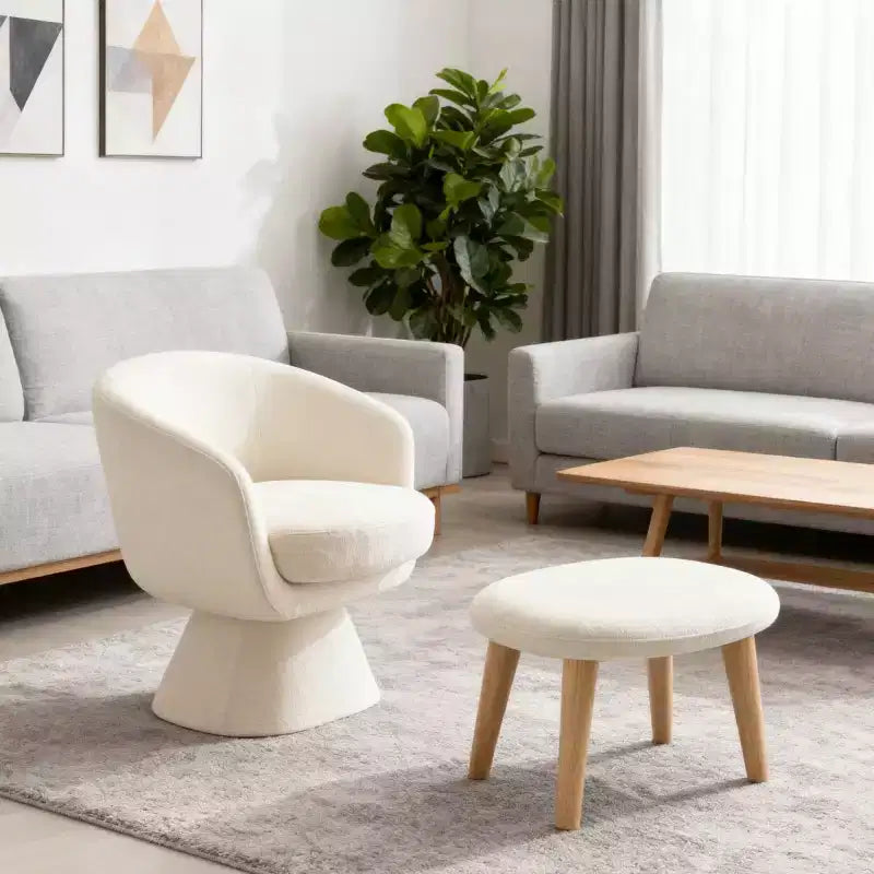 Sedia girevole in tessuto e pouf coordinato per soggiorno, camera da letto o angolo lettura