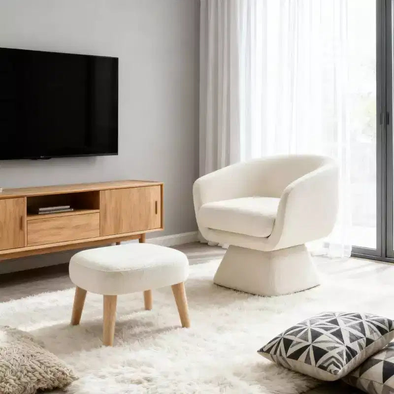 Sedia girevole in tessuto e pouf coordinato per soggiorno, camera da letto o angolo lettura