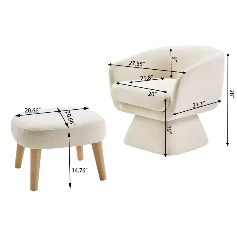 Sedia girevole in tessuto e pouf coordinato per soggiorno, camera da letto o angolo lettura