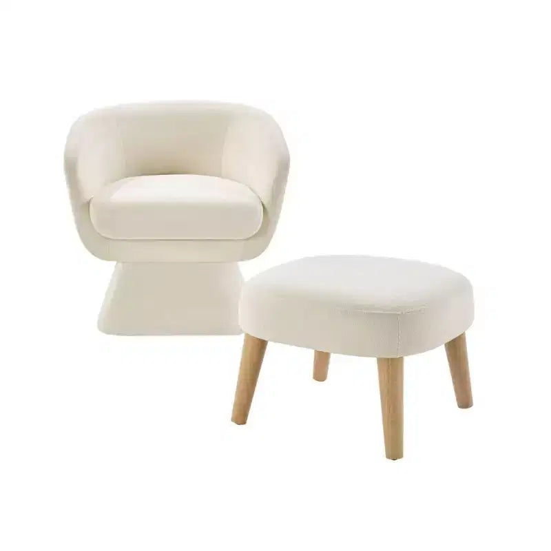 Sedia girevole in tessuto e pouf coordinato per soggiorno, camera da letto o angolo lettura