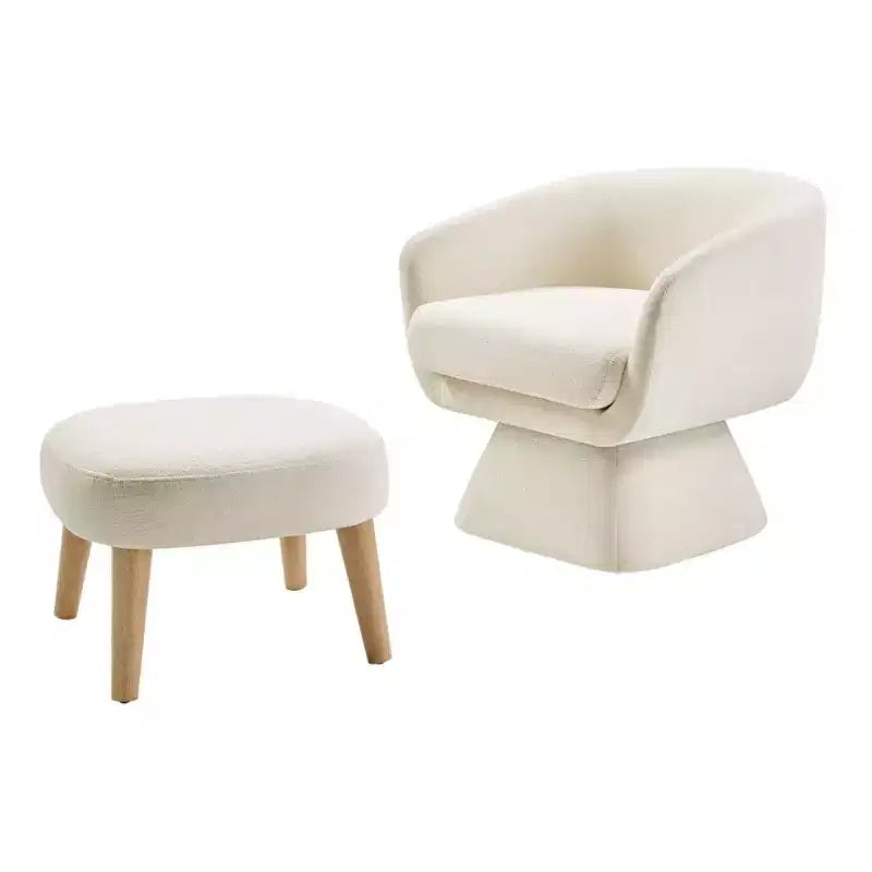 Sedia girevole in tessuto e pouf coordinato per soggiorno, camera da letto o angolo lettura
