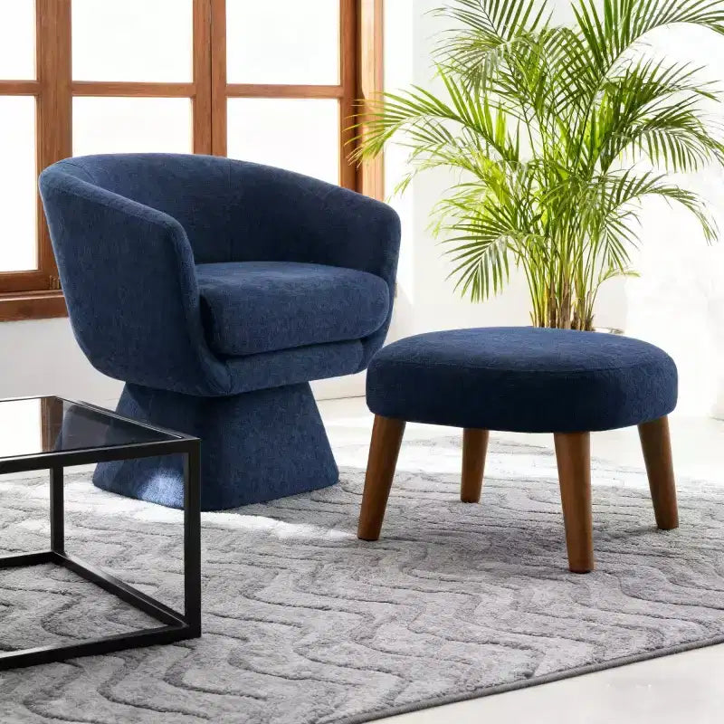 Sedia girevole in tessuto e pouf coordinato per soggiorno, camera da letto o angolo lettura