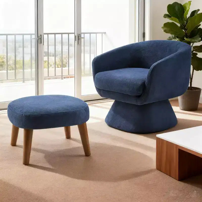 Sedia girevole in tessuto e pouf coordinato per soggiorno, camera da letto o angolo lettura