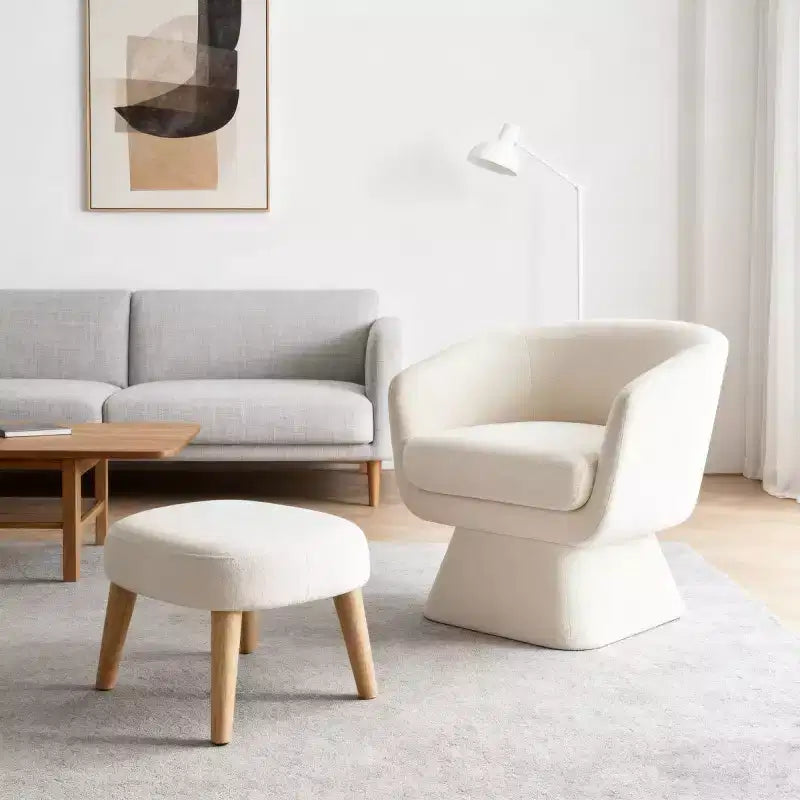 Sedia girevole in tessuto e pouf coordinato per soggiorno, camera da letto o angolo lettura