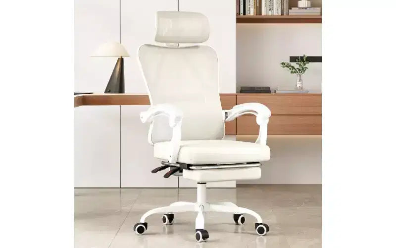 Sedia da ufficio ergonomica in rete ad alto schienale con poggiapiedi, poggiatesta e supporto lombare regolabile