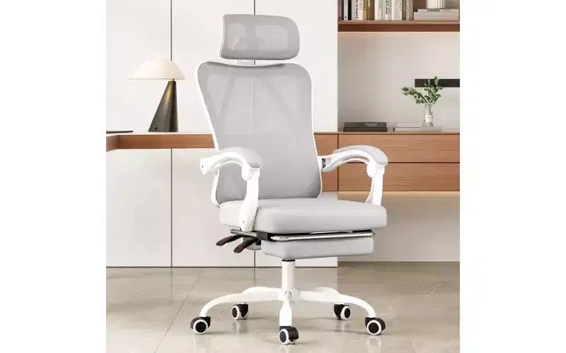 Sedia da ufficio ergonomica in rete ad alto schienale con poggiapiedi, poggiatesta e supporto lombare regolabile