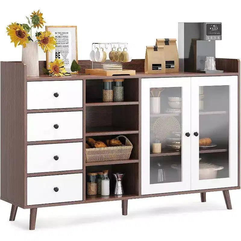 Credenza a buffet moderna di metà secolo con ante in vetro e ripiani regolabili, madia rustica da 55 pollici in stile coloniale per sala da pranzo e cucina