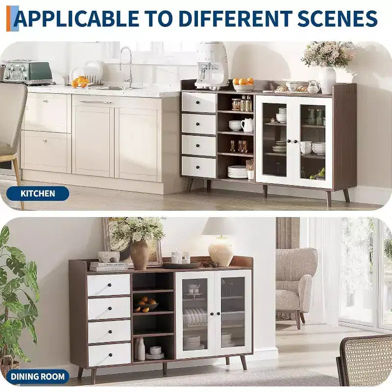 Credenza a buffet moderna di metà secolo con ante in vetro e ripiani regolabili, madia rustica da 55 pollici in stile coloniale per sala da pranzo e cucina