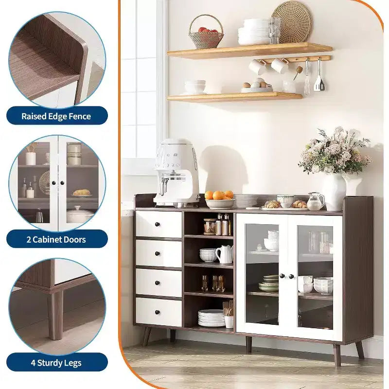 Credenza a buffet moderna di metà secolo con ante in vetro e ripiani regolabili, madia rustica da 55 pollici in stile coloniale per sala da pranzo e cucina