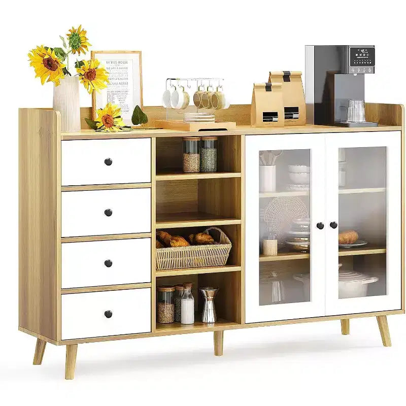 Credenza a buffet moderna di metà secolo con ante in vetro e ripiani regolabili, madia rustica da 55 pollici in stile coloniale per sala da pranzo e cucina