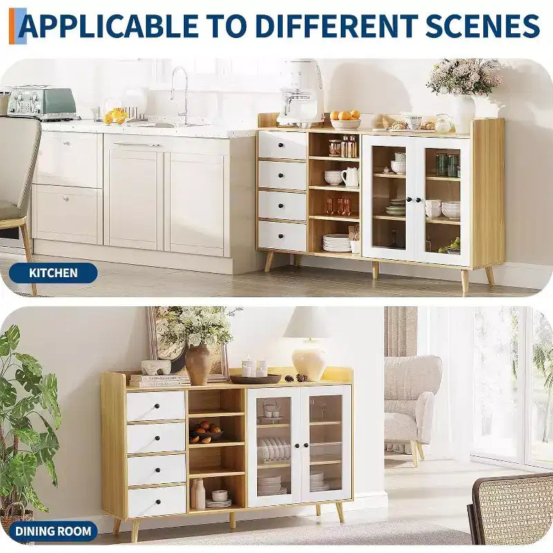 Credenza a buffet moderna di metà secolo con ante in vetro e ripiani regolabili, madia rustica da 55 pollici in stile coloniale per sala da pranzo e cucina