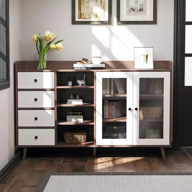 Credenza a buffet moderna di metà secolo con ante in vetro e ripiani regolabili, madia rustica da 55 pollici in stile coloniale per sala da pranzo e cucina