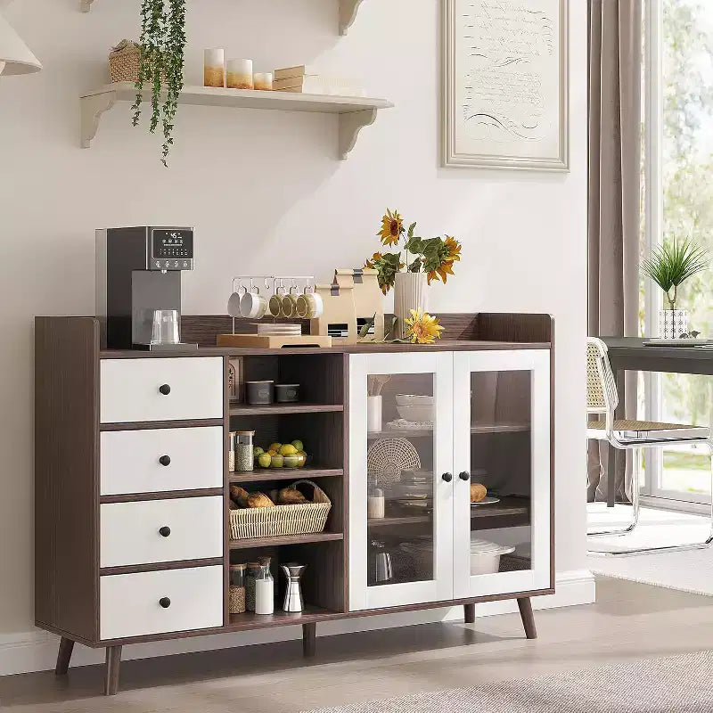 Credenza a buffet moderna di metà secolo con ante in vetro e ripiani regolabili, madia rustica da 55 pollici in stile coloniale per sala da pranzo e cucina