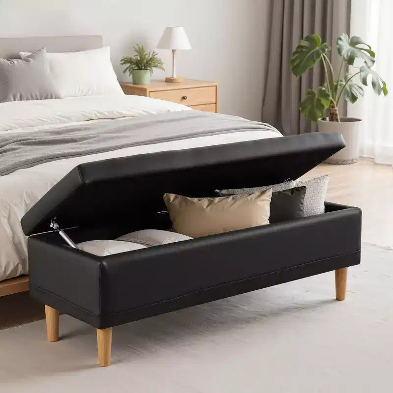 Panca Contenitore Moderna in Similpelle PU 44", Contenitore Profondo 6.1", Facile da Pulire, Nera