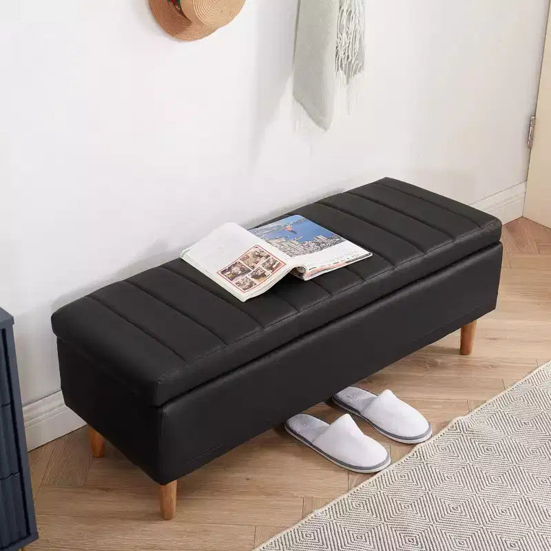 Panca Contenitore Moderna in Similpelle PU 44", Contenitore Profondo 6.1", Facile da Pulire, Nera