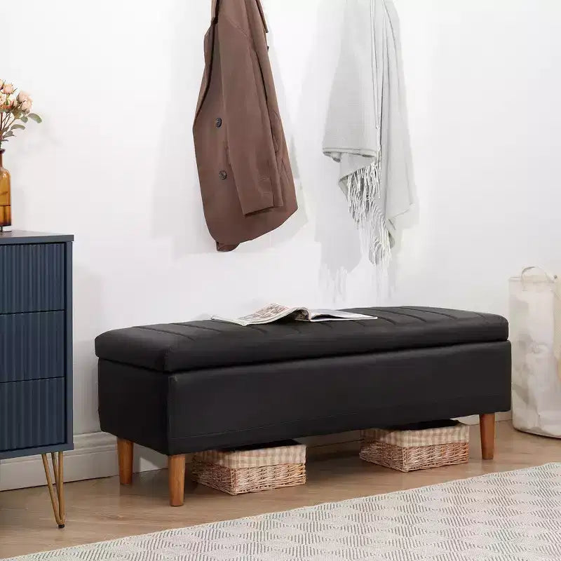 Panca Contenitore Moderna in Similpelle PU 44", Contenitore Profondo 6.1", Facile da Pulire, Nera