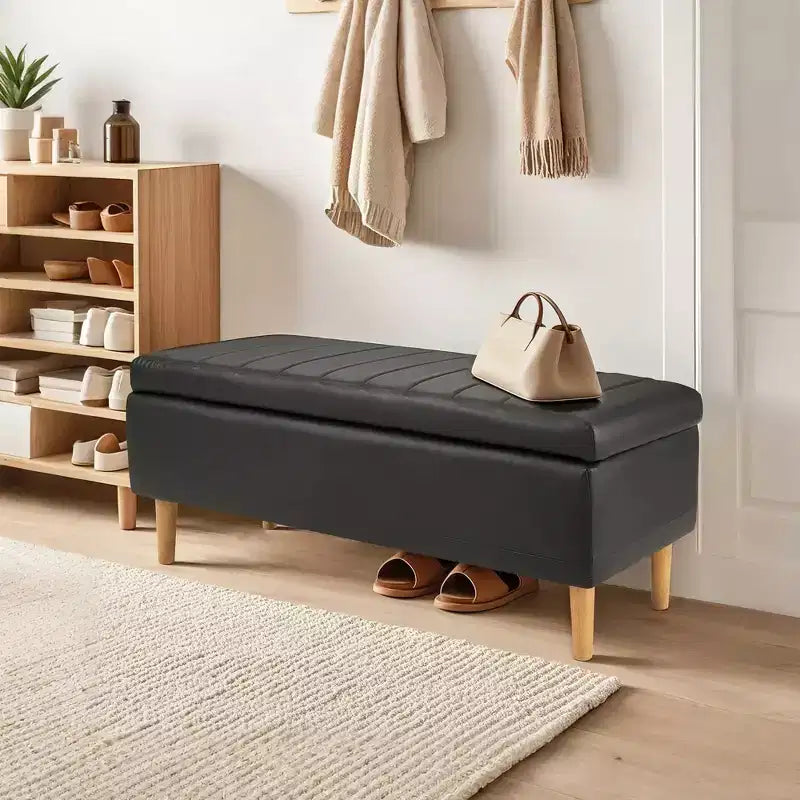 Panca Contenitore Moderna in Similpelle PU 44", Contenitore Profondo 6.1", Facile da Pulire, Nera